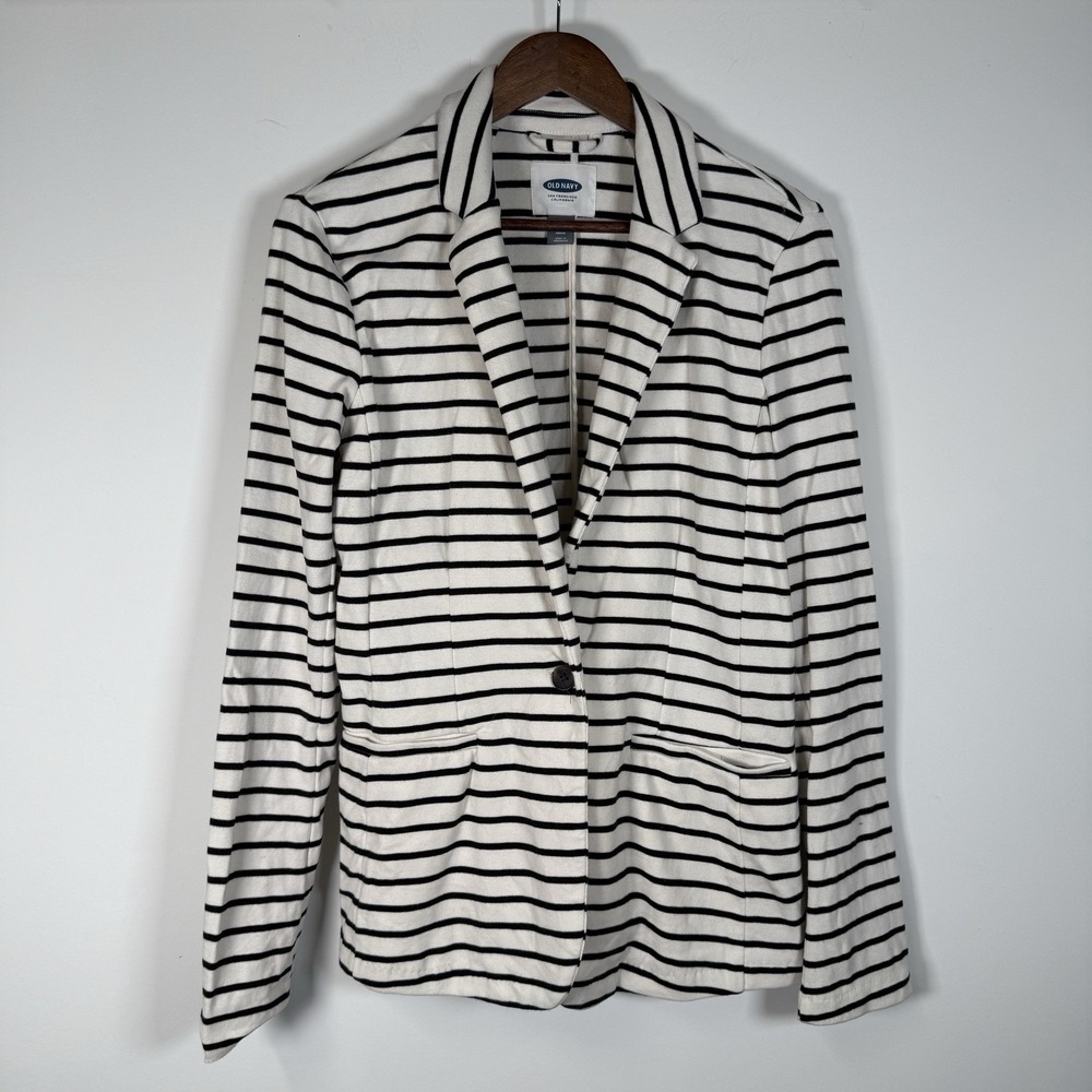 Old Navy Women‎ Stripe Black And White Long Sleeve Button Blazer Jacket Size M